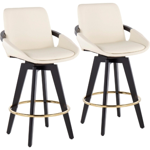 Cosmo 26" Swivel Counter Stool in Cream Leatherette, Black Wood & Gold (Set of 2)